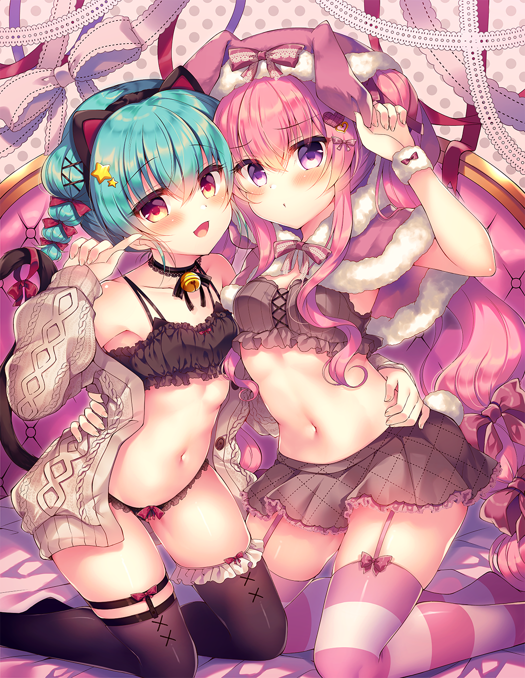 2girls :d animal_ears arm_up bangs bell black_bra black_hairband black_legwear black_panties blush bow bow_bra bow_panties bra brown_jacket brown_skirt capelet cat_ears cat_tail closed_mouth commentary_request eyebrows_visible_through_hair fake_animal_ears frilled_legwear fur-trimmed_capelet fur_trim garter_straps green_hair hair_between_eyes hair_bow hair_ornament hairband heart heart_hair_ornament highres jacket jingle_bell kneeling lilia_chocolanne long_hair long_sleeves multiple_girls navel off_shoulder open_clothes open_jacket original panties pink_capelet pink_hair pleated_skirt puffy_long_sleeves puffy_sleeves rabbit_ears rabbit_girl rabbit_tail red_bow red_eyes skirt sleeves_past_wrists smile star_(symbol) star_hair_ornament striped striped_legwear suzunone_rena tail thigh-highs twintails underwear very_long_hair violet_eyes x_hair_ornament