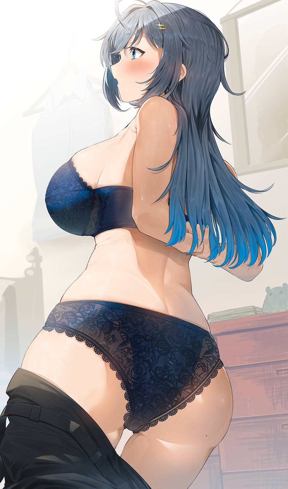 1girl :o ahoge arms_behind_back ass backbone blue_hair blush bra breasts clothes_pull commentary_request hair_ornament hairpin highres lace-trimmed_bra lace-trimmed_panties lace_trim large_breasts lingerie long_hair looking_afar mole mole_on_ass nail_polish neshia_(tsaqif0309) original panties pants pants_pull profile skindentation sweatdrop underwear undressing