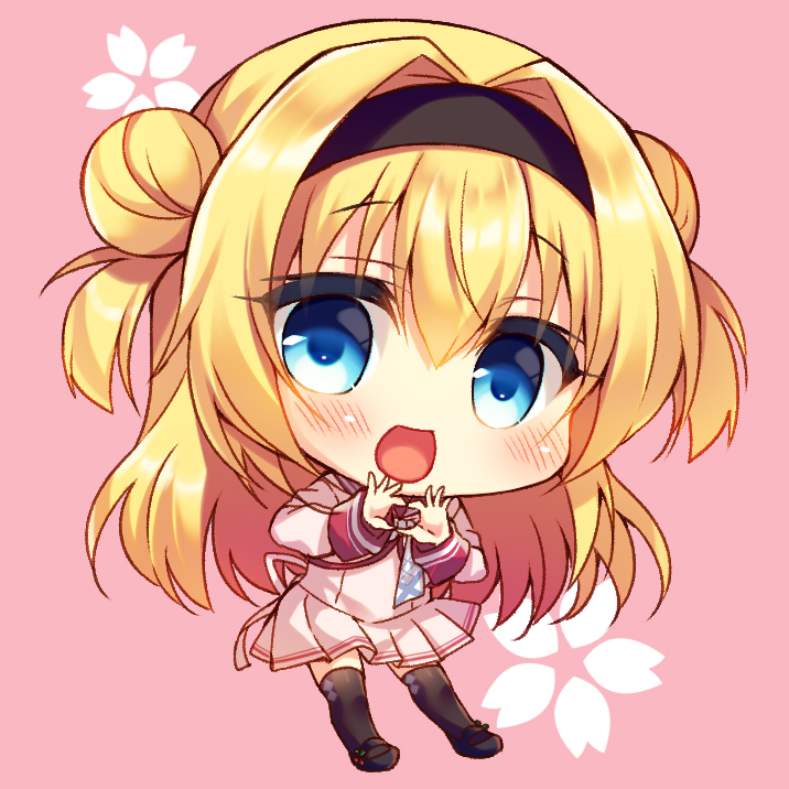 1girl :d bangs big_head black_footwear black_hairband black_legwear blonde_hair blue_eyes blush chibi chitose_sana commentary_request double_bun eyebrows_visible_through_hair full_body hair_between_eyes hair_intakes hairband heart heart_hands long_sleeves pink_background pleated_skirt school_uniform shirt shoes skirt smile solo suzunone_rena tenshinranman thigh-highs two_side_up white_neckwear white_shirt white_skirt