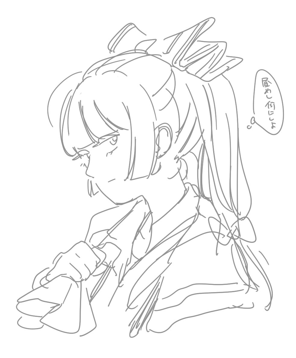 1girl closed_mouth expressionless fujiwara_no_mokou hair_ribbon hime_cut holding long_hair looking_to_the_side mitsumoto_jouji monochrome night_sparrow_love ponytail ribbon sketch solo thought_bubble touhou towel translation_request upper_body