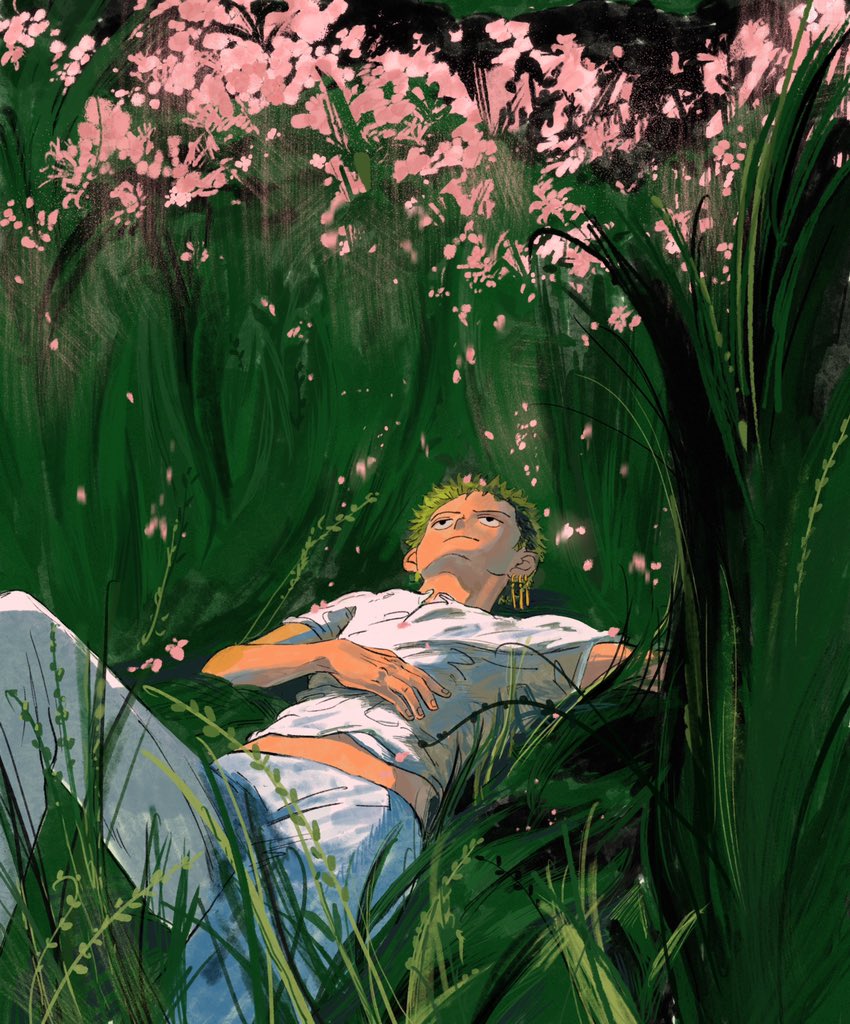 1boy black_eyes feleven flower green_hair looking_up lying male_focus on_back one_piece outdoors petals plant roronoa_zoro short_hair short_sleeves