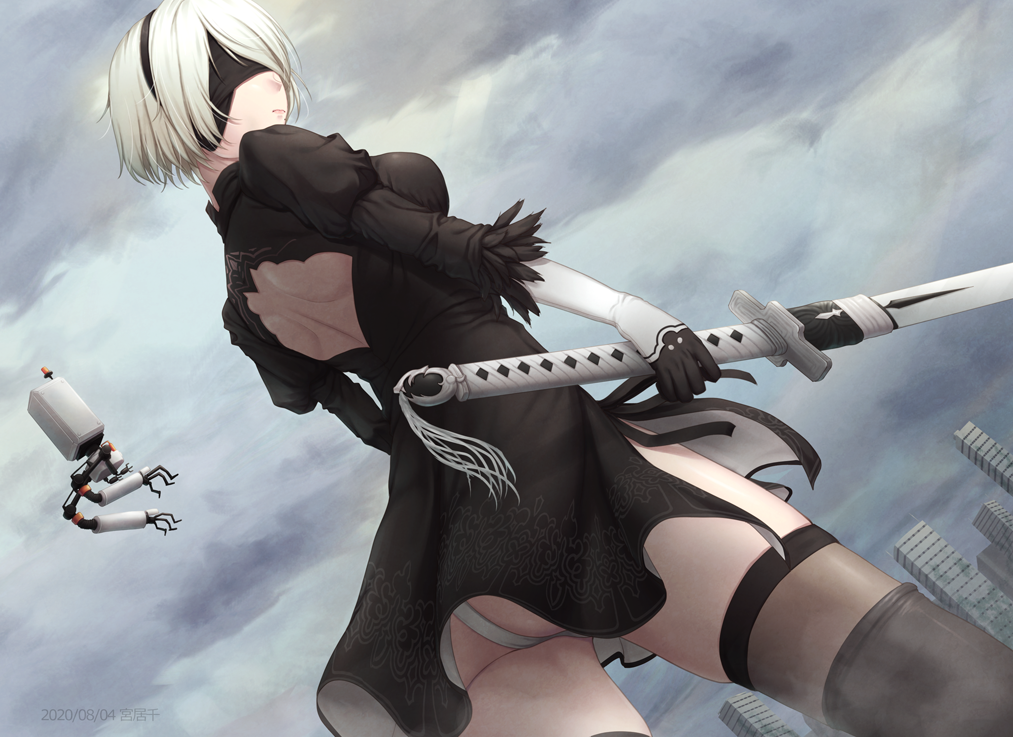 1girl 2020 ass back_cutout black_dress black_legwear breasts closed_mouth clothing_cutout clouds cloudy_sky covered_eyes dated dress dutch_angle from_below gloves holding holding_sword holding_weapon long_sleeves medium_breasts miyai_sen nier_(series) nier_automata panties short_dress short_hair shoulder_blades silver_hair sky solo standing sword thigh-highs underwear weapon white_panties yorha_no._2_type_b