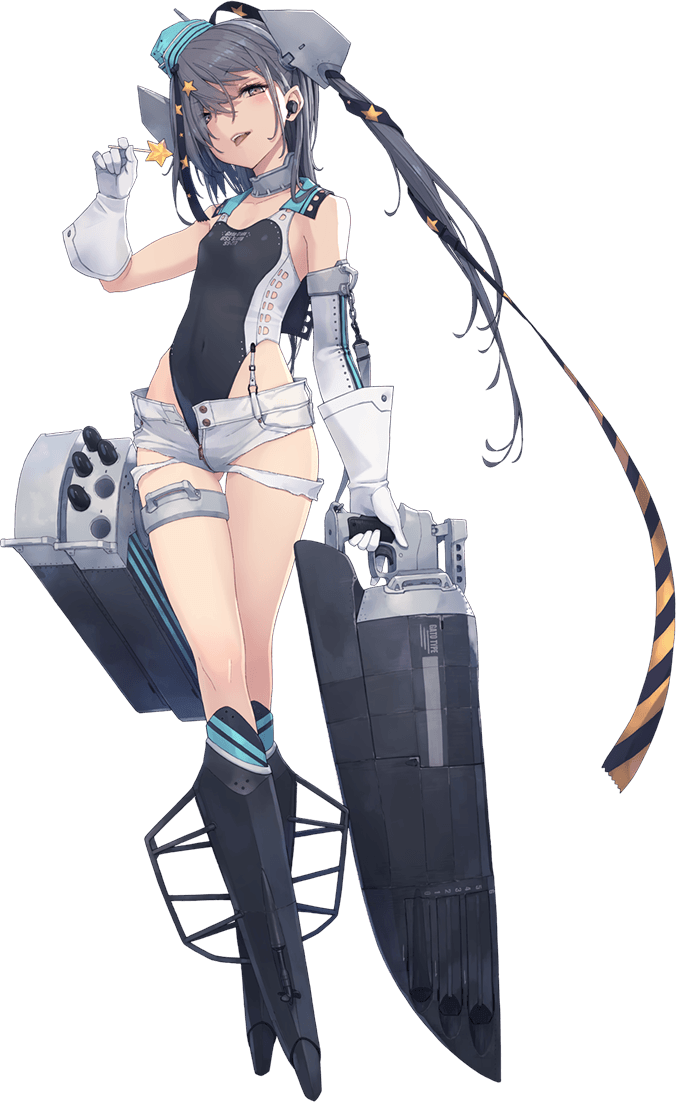 1girl aqua_headwear black_footwear black_swimsuit blush breasts brown_eyes candy duplicate food full_body garrison_cap gloves grey_eyes grey_hair hair_ornament hat headgear holding holding_candy holding_food holding_weapon kantai_collection long_hair machinery official_art one-piece_swimsuit open_mouth rudder_footwear scamp_(kancolle) shizuma_yoshinori short_shorts shorts side_ponytail small_breasts solo star_(symbol) star_hair_ornament swimsuit tongue tongue_out torpedo torpedo_launcher transparent_background weapon white_gloves white_shorts