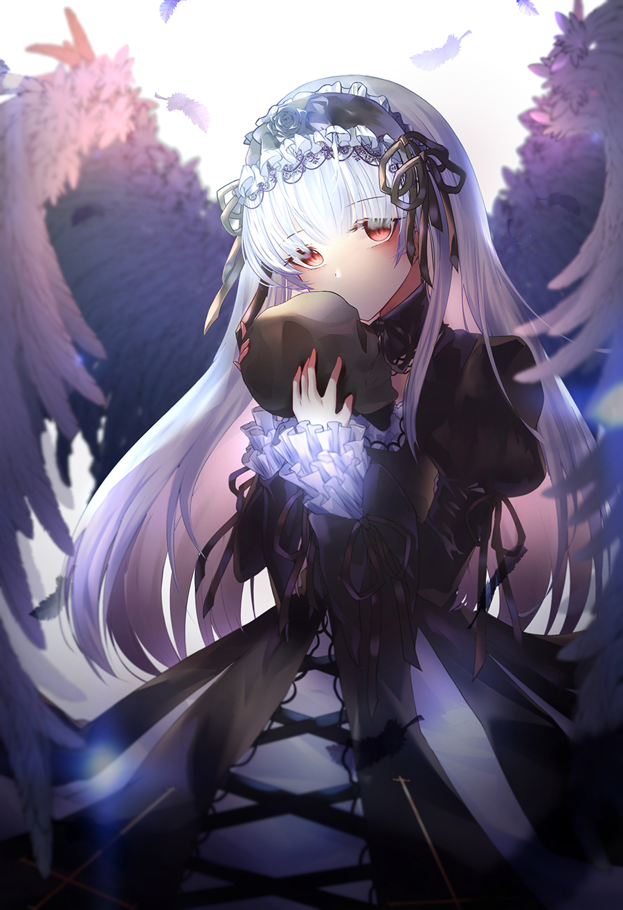 1girl bangs black_dress black_ribbon dress eyebrows_visible_through_hair feathered_wings floating_hair gothic_lolita hair_ribbon highres holding holding_skull layered_sleeves lolita_fashion long_hair long_sleeves m1yu red_eyes ribbon rozen_maiden silver_hair skull solo suigintou very_long_hair white_wings wings