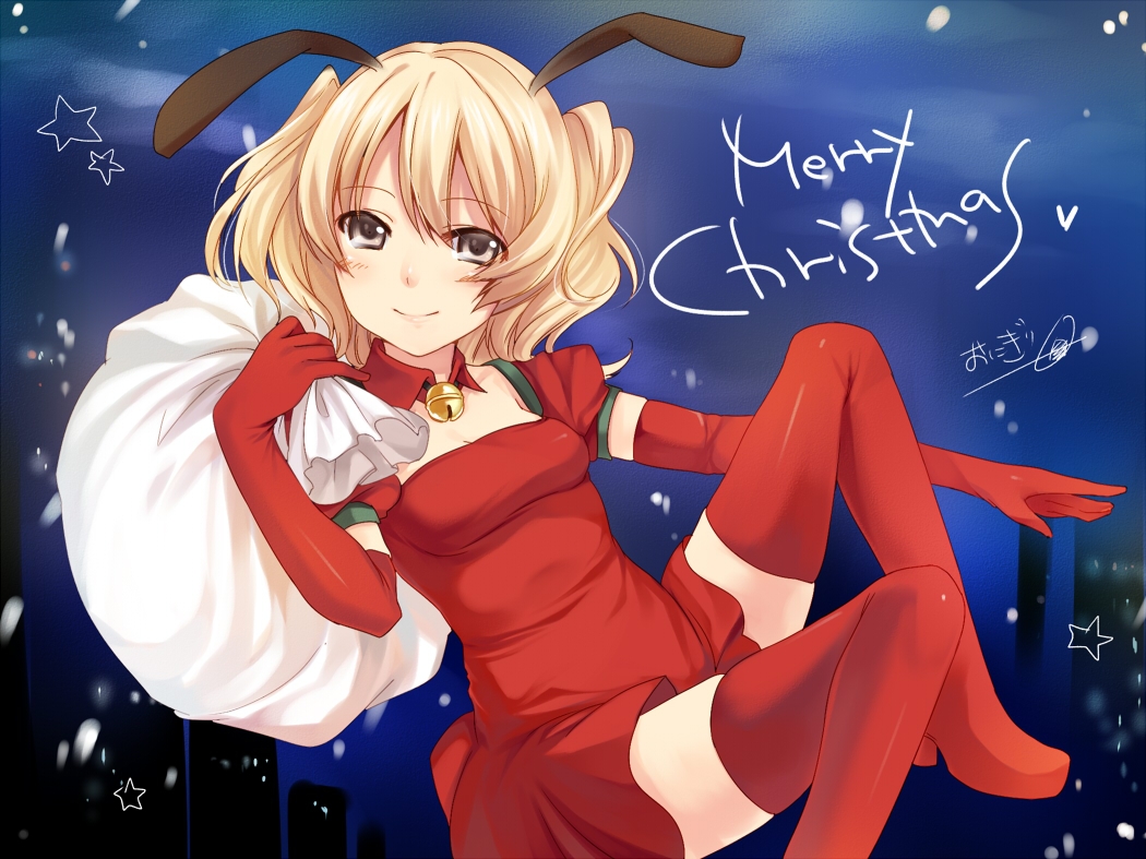 animal_ears artist_request bell blonde_hair brown_eyes character_request christmas collar dress gloves solo source_request thigh-highs