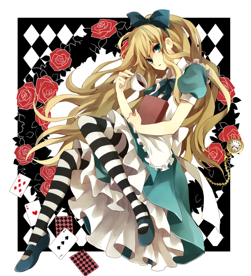 alice_in_wonderland blonde_hair blue_eyes book bow card cup flower lying_card pantyhose playing_card playing_cards rose slip_skirt solo striped striped_legwear striped_pantyhose yuzuki_karu