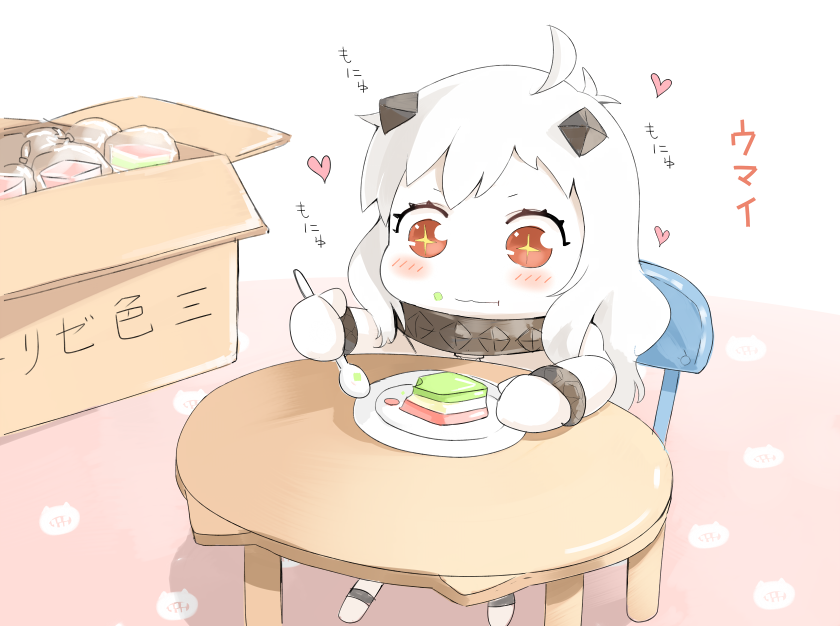 1girl :i ahoge blush blush_stickers box chair chibi closed_mouth dress eating emerane food food_on_face heart hinamatsuri hishimochi horns kantai_collection long_hair long_sleeves mittens mochi no_shoes northern_ocean_hime plate red_eyes shinkaisei-kan simple_background sitting sitting_on_object socks solo spoon star star-shaped_pupils symbol-shaped_pupils table translation_request wagashi white_hair white_legwear