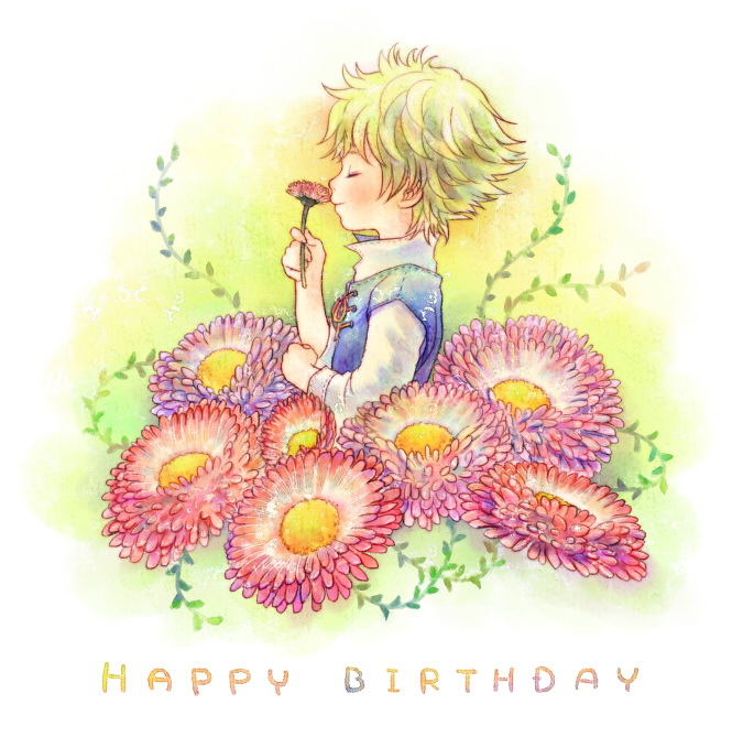 birthday butz_klauser closed_eyes cocura final_fantasy final_fantasy_v flower green_hair happy happy_birthday male short_hair smelling smile solo young