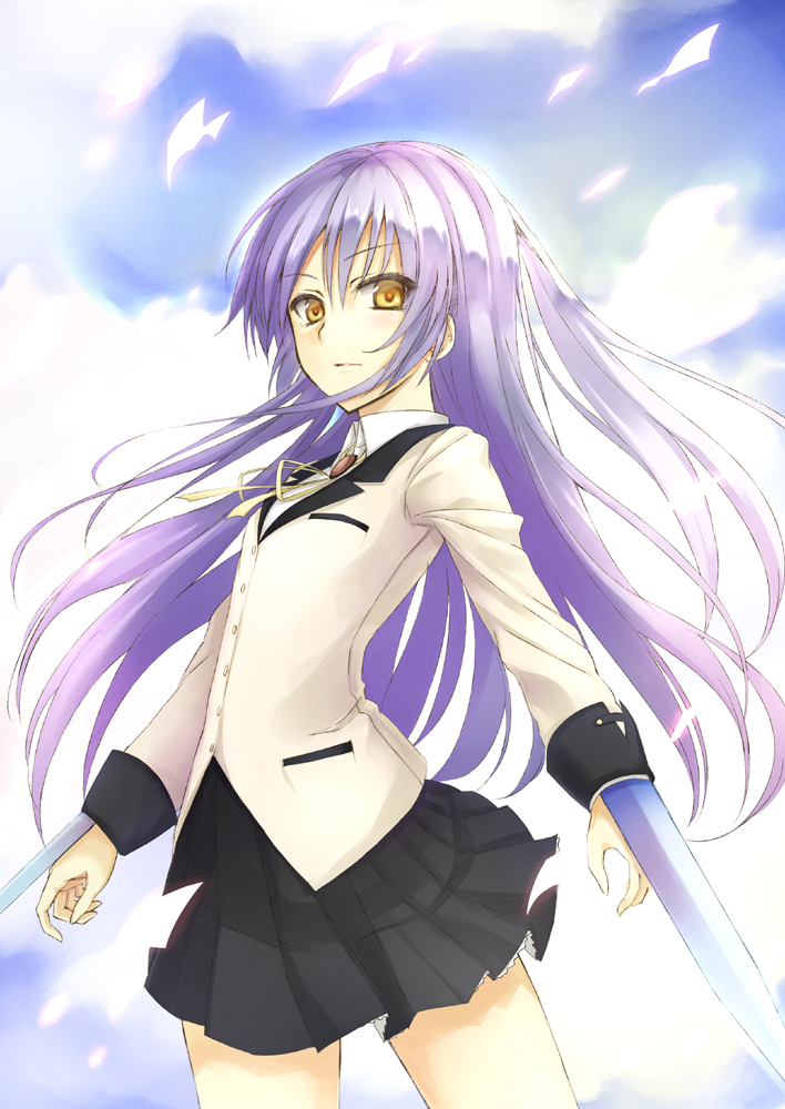 blade blazer blue_hair long_hair nidoro school_uniform solo tachibana_kanade weapon yellow_eyes