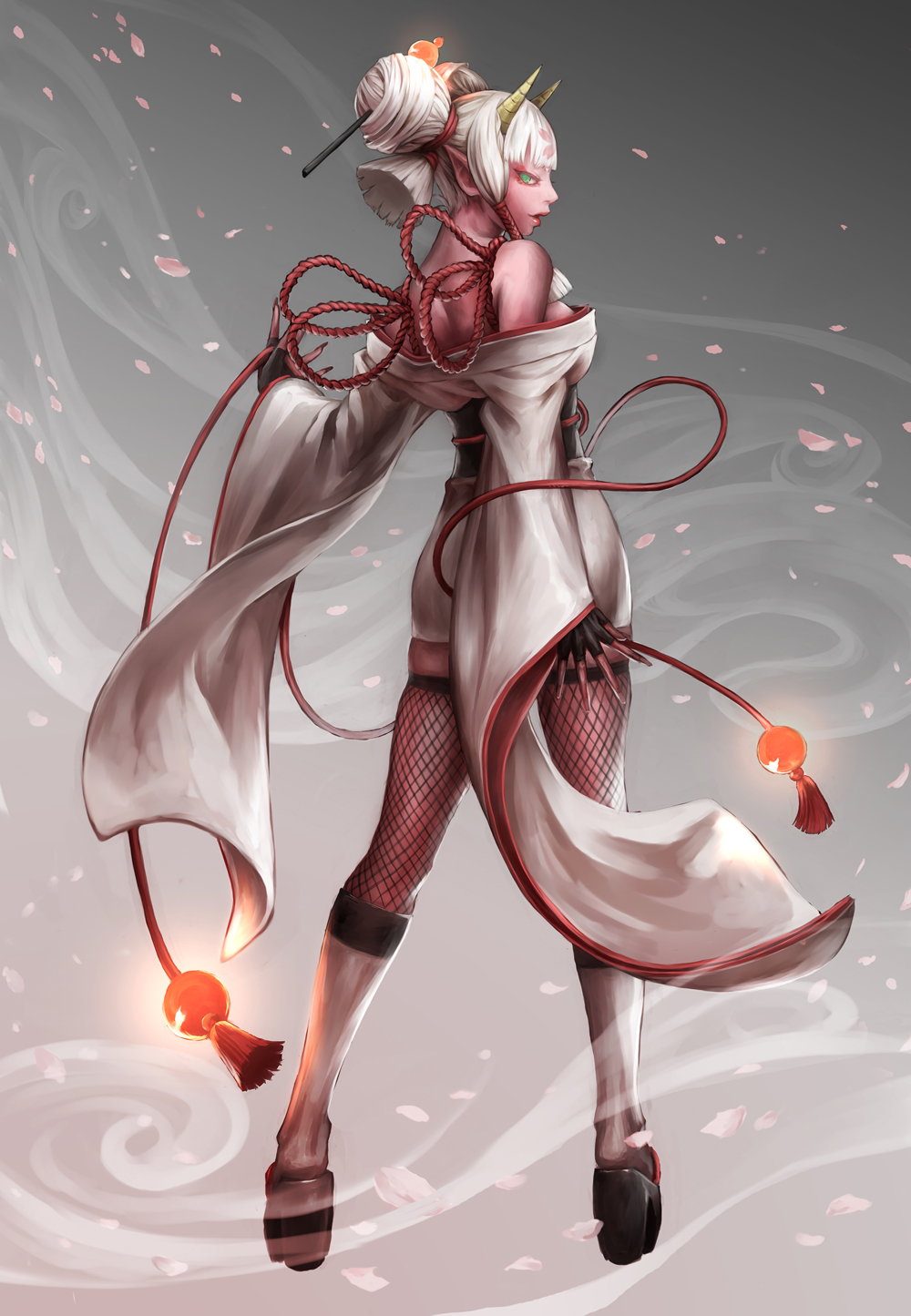 clog_sandals demon_girl fingerless_gloves fishnets gloves green_eyes highres horns japanese_clothes kimono lips looking_back nabe_(crow's_head) nabe_(crow's_head) oni petals pixiv pixiv_fantasia pixiv_fantasia_3 pointy_ears silver_hair thighhighs