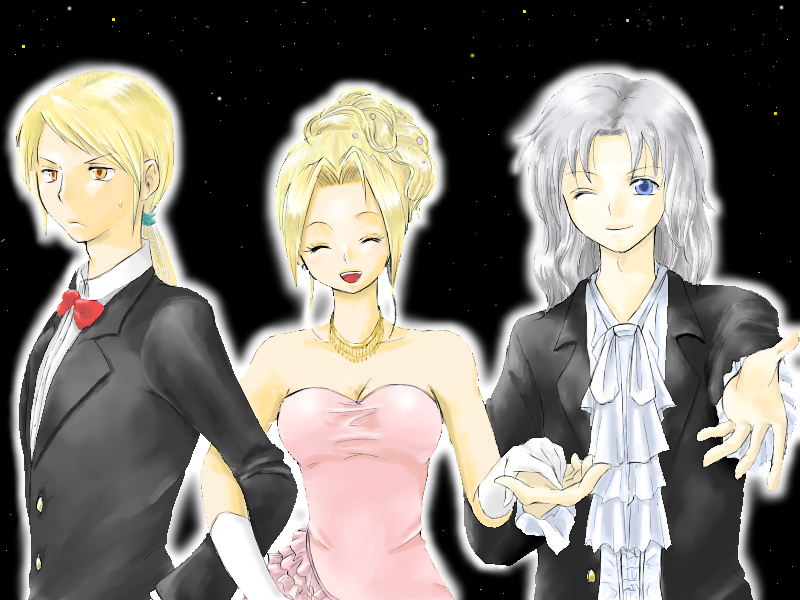 2boys bare_shoulders blonde_hair blue_eyes bow_tie cain_highwind cecil_harvey dress closed_eyes female final_fantasy final_fantasy_iv formal gloves long_hair male mkn necklace open_mouth orange_eyes ponytail rosa_farrell silver_hair suit wink