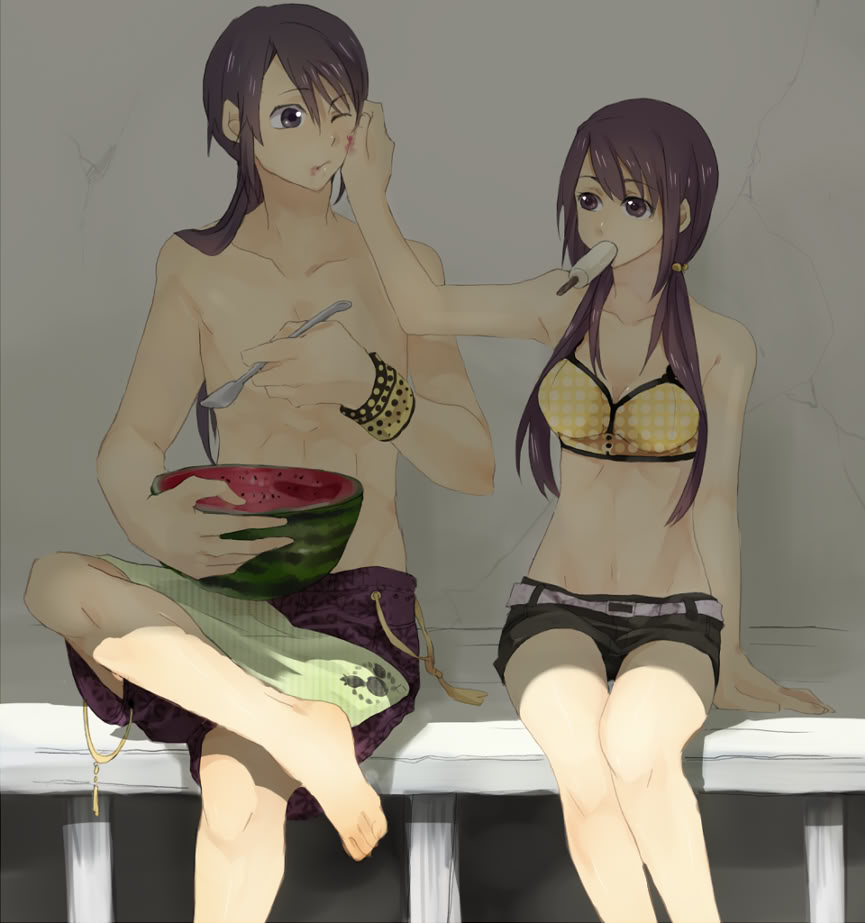 1girl barefoot black_eyes black_hair crossed_legs dual_persona feet food food_on_face fruit genderswap holding holding_fruit mouth_hold popsicle shade shirtless shorts sitting spoon swim_trunks swimsuit takashi_(moriumeda) tales_of_(series) tales_of_vesperia watermelon yuri_lowell