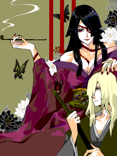 ann606 black_hair blonde_hair butterfly eyepatch flower hair_over_one_eye japanese_clothes katana kimono long_hair smoking sword tattoo tegaki tengen_toppa_gurren_lagann viral weapon