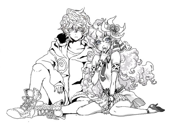 animal armlet curly_hair father_and_daughter flower hair_flower hair_ornament hoodie lordgenome monochrome nia_teppelin time_paradox young