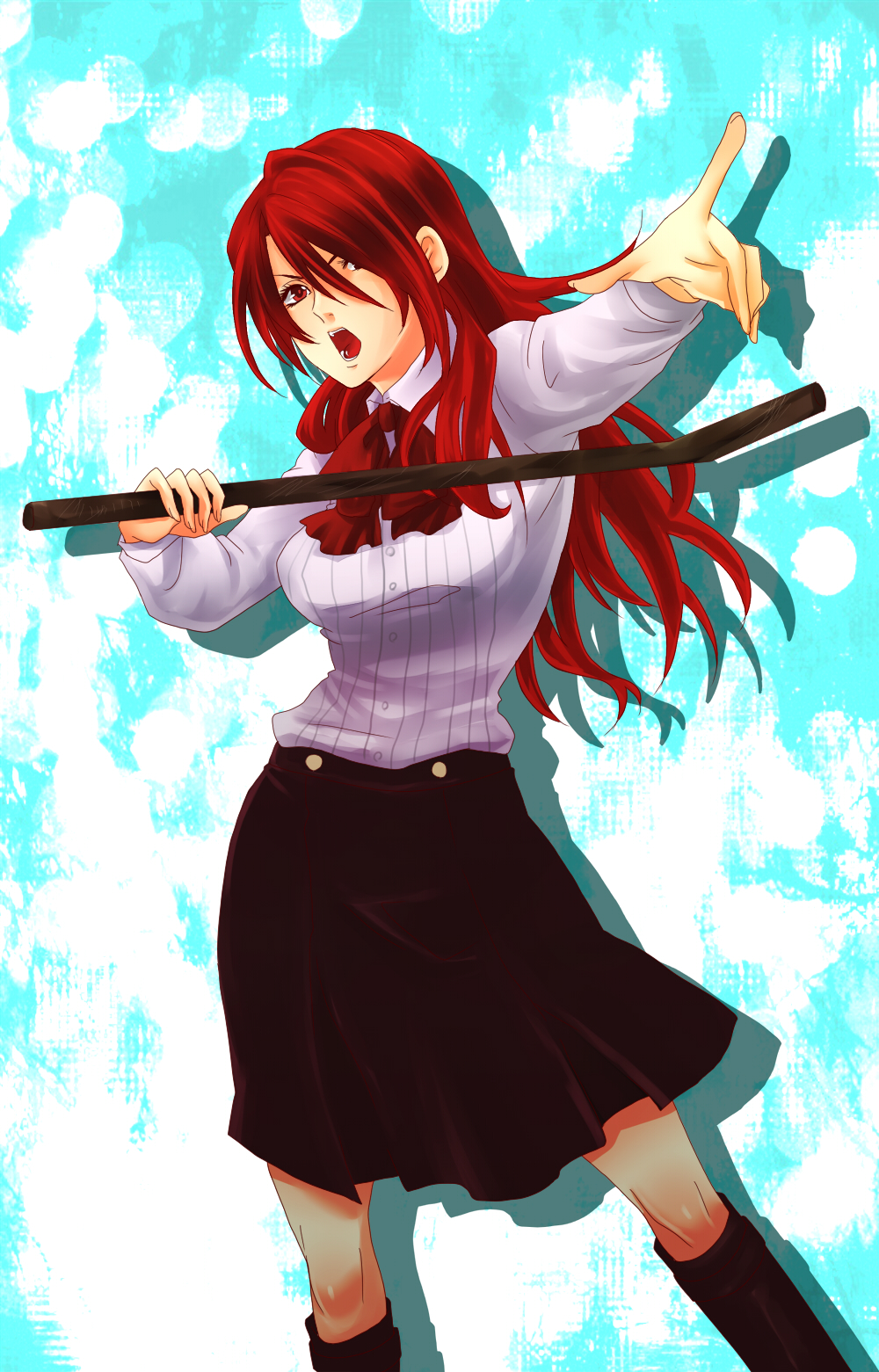 boots bow finger_point highres kirijou_mitsuru knee_boots lead_pipe long_hair matano_maya maya_(artist) open_mouth persona persona_3 pipe pointing red_eyes red_hair redhead ribbon school_uniform skirt