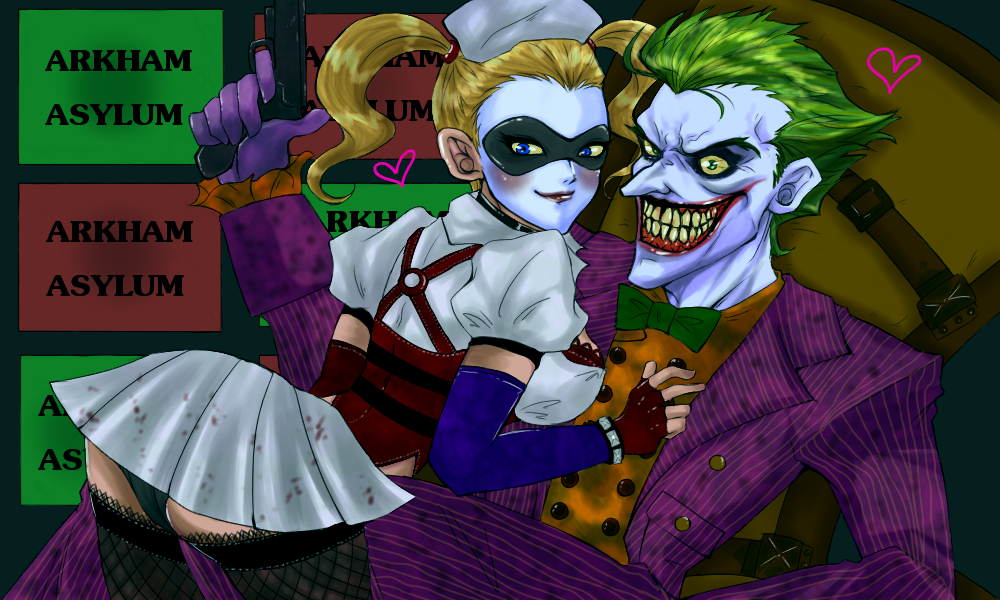 batman:_arkham_asylum blonde_hair blue_eyes blush bow_tie couple dc_comics female fingerless_gloves formal gloves green_eyes green_hair grin harley_quinn jacket lipstick long_hair looking_back male mask miniskirt nurse_uniform panties pantyshot short_hair skirt the_joker thigh-highs twintails uniform upskirt yamaneko_tora