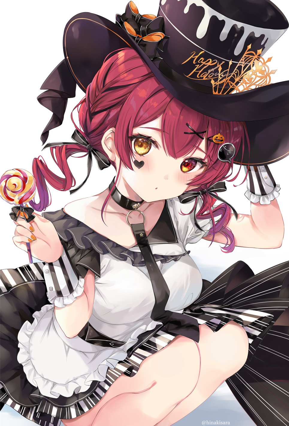 1girl artist_name black_bow black_headwear black_necktie black_neckwear black_ribbon blush bow breasts candy choker collarbone commentary_request eyebrows_visible_through_hair food food-themed_hair_ornament frills hair_bow hair_ornament hair_ribbon happy_halloween hat heart heart_tattoo heterochromia highres hinahino holding holding_candy holding_food holding_lollipop hololive houshou_marine lollipop long_hair looking_at_viewer necktie orange_nails pumpkin_hair_ornament redhead ribbon skirt solo squatting striped striped_skirt swirl_lollipop tattoo twintails twitter_username vertical-striped_skirt vertical_stripes virtual_youtuber wrist_cuffs yellow_eyes