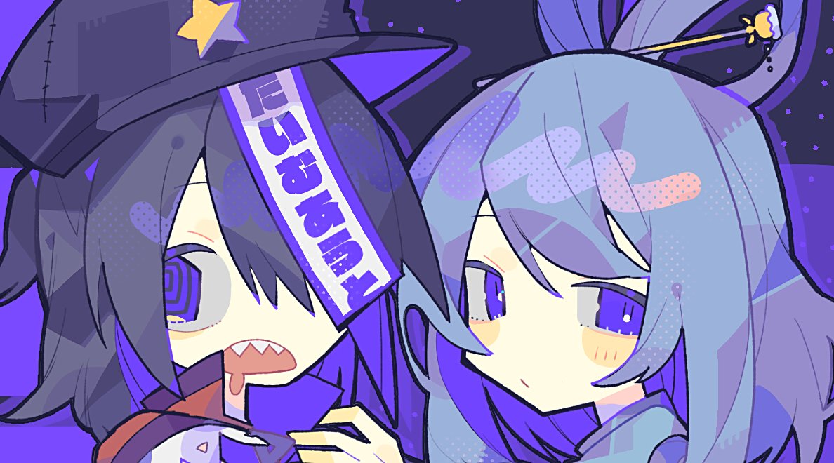 2girls @_@ bangs black_background black_hair black_headwear blue_background blue_eyes blue_hair commentary drooling hair_ornament hair_over_one_eye hair_ribbon hair_rings hair_stick hat hat_ornament kaku_seiga looking_at_viewer mamimu_(ko_cha_22) medium_hair miyako_yoshika mouth_drool multiple_girls open_mouth portrait red_shirt ribbon sharp_teeth shirt star_(symbol) star_hat_ornament symbol-only_commentary talisman teeth touhou translated