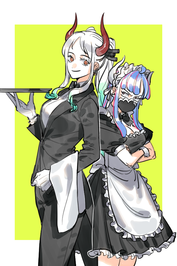 2girls ahoge alternate_costume apron arm_at_side back-to-back bangs blue_hair bow bowtie butler closed_mouth covered_mouth crossed_arms curled_horns dress earrings enmaided formal gloves green_hair hand_up high_ponytail horns jacket jewelry long_hair long_sleeves looking_at_another looking_at_viewer maid maid_apron maid_headdress mask medium_dress mouth_mask multicolored_hair multiple_girls one_piece orange_eyes pant_suit pants parted_bangs puffy_short_sleeves puffy_sleeves raine_(acke2445) red_horns redhead shirt short_sleeves sidelocks smile streaked_hair suit two-tone_hair ulti_(one_piece) v-shaped_eyebrows waist_apron white_hair yamato_(one_piece)