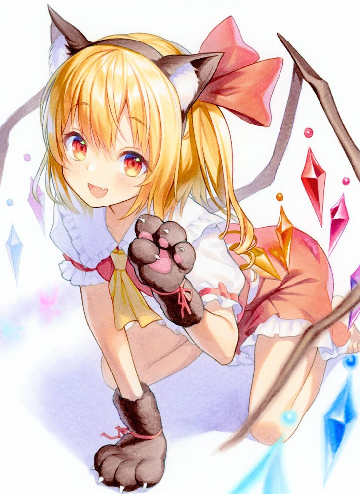 1girl all_fours animal_ears animal_hands ascot bangs barefoot blonde_hair cat_ears crystal fake_animal_ears fang flandre_scarlet full_body gloves hair_ribbon hand_up kuwa_analog looking_at_viewer marker_(medium) medium_hair no_hat no_headwear one_side_up open_mouth paw_gloves red_eyes red_ribbon red_skirt red_vest ribbon shirt short_sleeves skin_fang skirt smile solo touhou traditional_media vest white_background white_shirt wings yellow_ascot