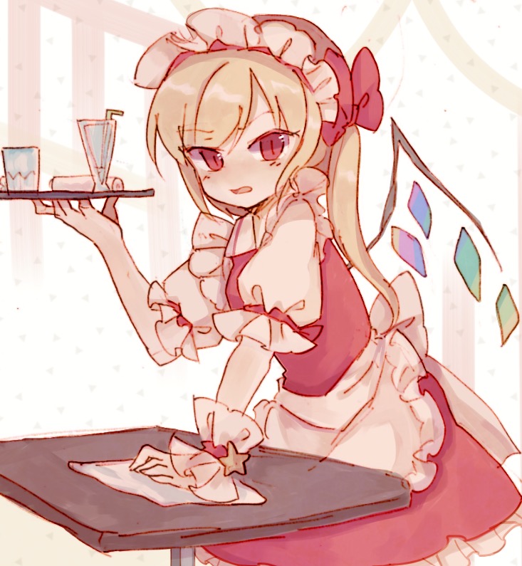 1girl alternate_costume apron back_bow bangs blonde_hair blush bow crystal enmaided eyebrows_visible_through_hair flandre_scarlet frilled_apron frilled_shirt frilled_shirt_collar frilled_skirt frilled_sleeves frills hair_bow holding holding_plate looking_at_viewer maid maid_headdress one_side_up open_mouth plate puffy_short_sleeves puffy_sleeves red_bow red_eyes red_skirt red_vest shirt short_hair short_sleeves skirt solo sorani_(kaeru0768) star_(symbol) touhou v-shaped_eyebrows vest waist_apron white_apron white_background white_bow white_shirt wings wiping_table wrist_cuffs