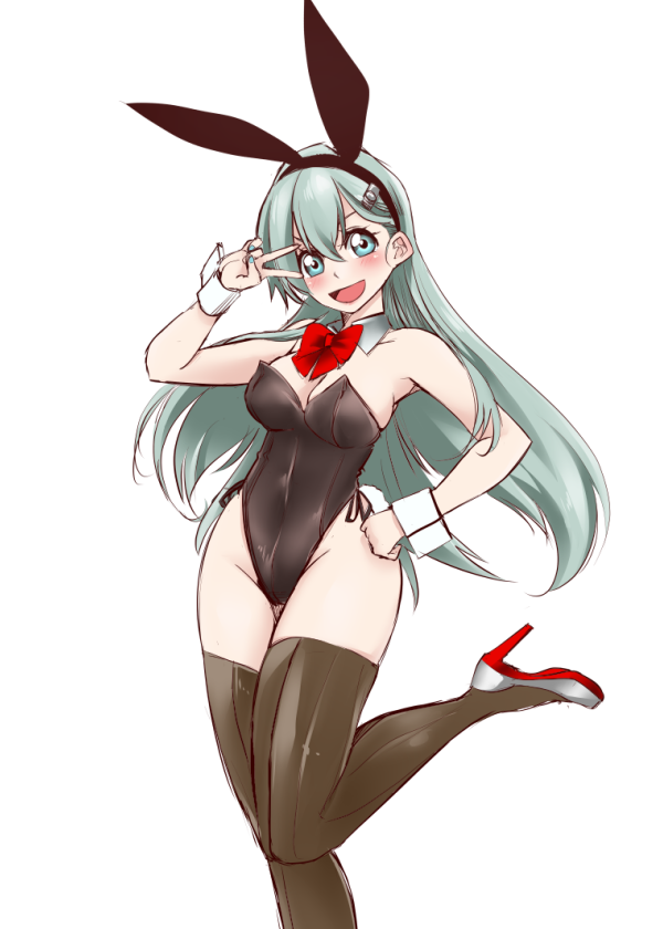 alternate_costume animal_ears aqua_eyes aqua_hair black_leotard bow bowtie brown_legwear commentary_request detached_collar feet_out_of_frame hair_ornament hairclip kantai_collection leotard long_hair looking_at_viewer playboy_bunny rabbit_ears rabbit_tail red_bow red_bowtie simple_background standing standing_on_one_leg suzuya_(kancolle) tail udukikosuke v white_background wrist_cuffs