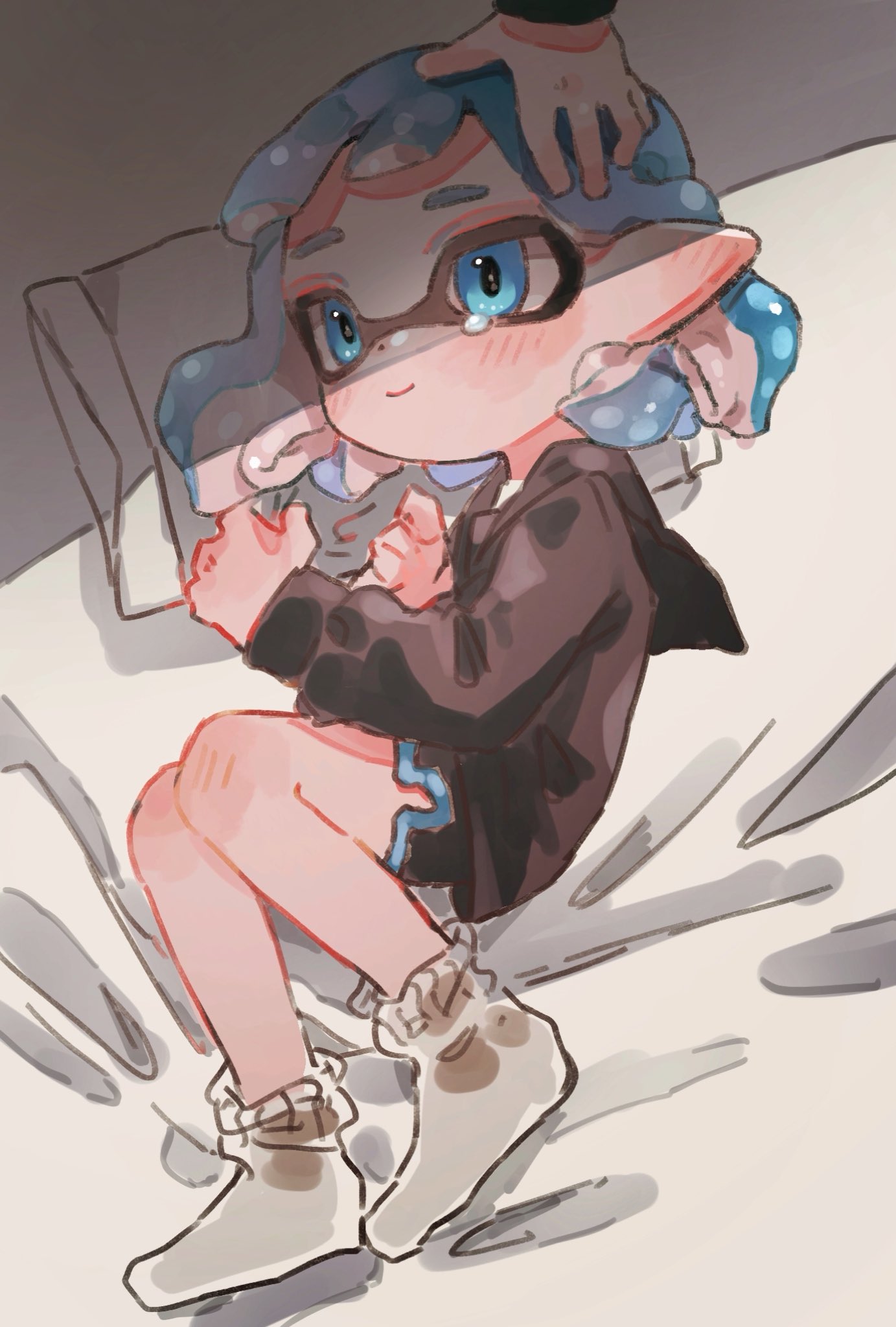 1girl bangs bed black_shirt black_shorts blue_eyes blue_hair closed_mouth crying crying_with_eyes_open from_above full_body hand_on_another's_head highres inkling long_sleeves looking_to_the_side lying pillow plum0o0 pointy_ears sailor_collar shirt short_hair short_shorts shorts smile socks splatoon_(series) splatoon_2 tears white_legwear