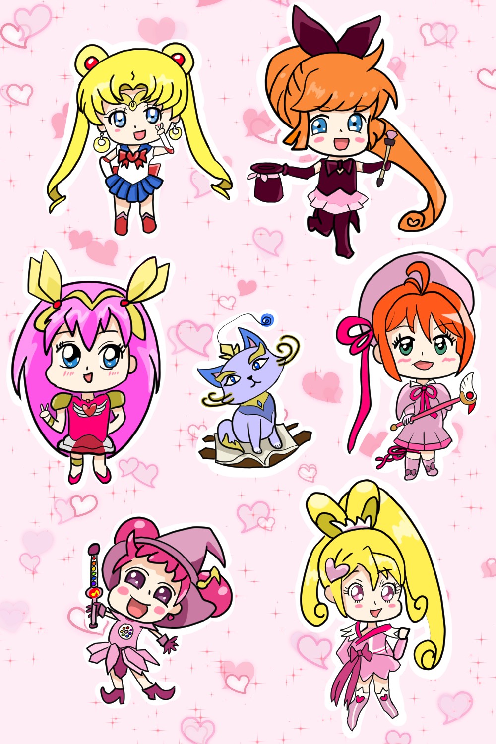 6+girls ahoge aida_mana bishoujo_senshi_sailor_moon blonde_hair blue_eyes blush blush_stickers boots cardcaptor_sakura cat chibi circlet crossover dokidoki!_precure double_bun dress gloves green_eyes hair_ornament hanasaki_momoko haneoka_meimi harukaze_doremi hat heart highres kaitou_saint_tail kinomoto_sakura league_of_legends looking_at_viewer magical_girl multiple_crossover multiple_girls musical_note_hair_ornament ojamajo_doremi orange_hair patterned_background pink_background pink_dress pink_eyes pink_footwear pink_hair pink_theme precure sailor_moon sailor_senshi_uniform saint_tail skirt smile taetae top_hat tsukino_usagi twintails v wedding_peach white_gloves witch_hat yuumi_(league_of_legends)