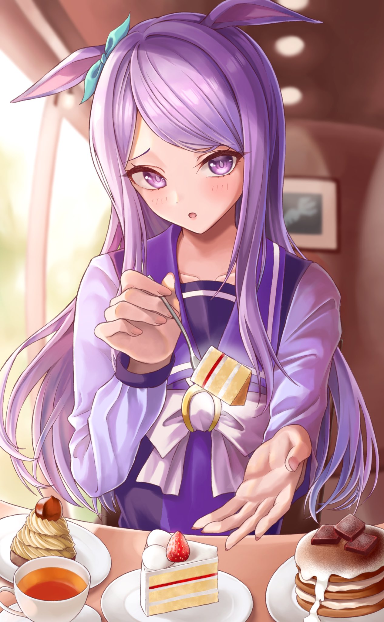 1girl animal_ears aqua_ribbon cake cup ear_ribbon fingernails food fork highres holding holding_fork horse_ears horse_girl huziko32 long_hair looking_at_viewer mejiro_mcqueen_(umamusume) purple_hair ribbon school_uniform solo tea teacup tracen_school_uniform umamusume upper_body violet_eyes