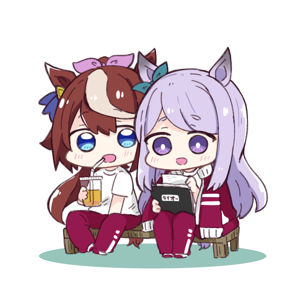 2girls :d animal_ears bangs bendy_straw between_legs blue_eyes blush brown_hair chibi colored_shadow commentary_request cup disposable_cup drinking_straw ear_ribbon eyebrows_visible_through_hair green_ribbon hair_between_eyes hair_ribbon hand_between_legs hitomiz holding holding_cup honey horse_ears horse_girl horse_tail jacket jacket_on_shoulders mejiro_mcqueen_(umamusume) multicolored_hair multiple_girls on_bench pants pink_ribbon purple_hair purple_jacket purple_pants ribbon shadow shirt shoes short_eyebrows short_sleeves sitting smile streaked_hair tail thick_eyebrows tokai_teio_(umamusume) track_jacket track_pants track_suit umamusume violet_eyes white_background white_footwear white_shirt