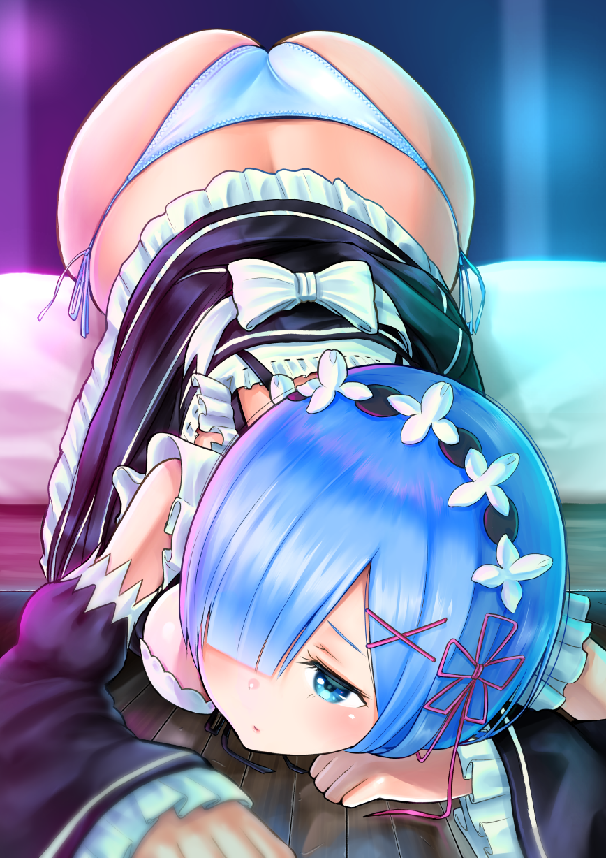 1girl ass bangs black_dress black_ribbon blue_eyes blue_hair bow breasts closed_mouth clothes_lift commentary_request detached_sleeves dress dress_lift frilled_dress frilled_sleeves frills hair_ornament hair_over_one_eye hair_ribbon highres indoors lying maid_headdress medium_breasts neck_ribbon on_bed on_stomach panties re:zero_kara_hajimeru_isekai_seikatsu rem_(re:zero) ribbon roswaal_mansion_maid_uniform short_hair side-tie_panties solo takapin underwear white_bow wooden_floor x_hair_ornament
