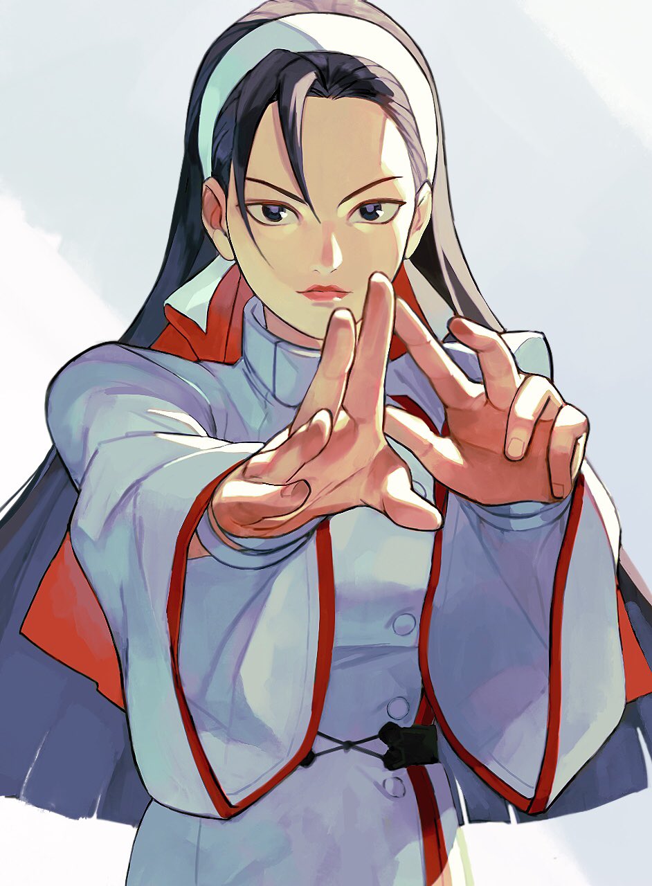 1girl bangs black_eyes black_hair buttons closed_mouth hairband highres kagura_chizuru lips long_hair long_sleeves looking_at_viewer oni_gini simple_background solo the_king_of_fighters the_king_of_fighters_'96 upper_body v-shaped_eyebrows white_background white_hairband wide_sleeves
