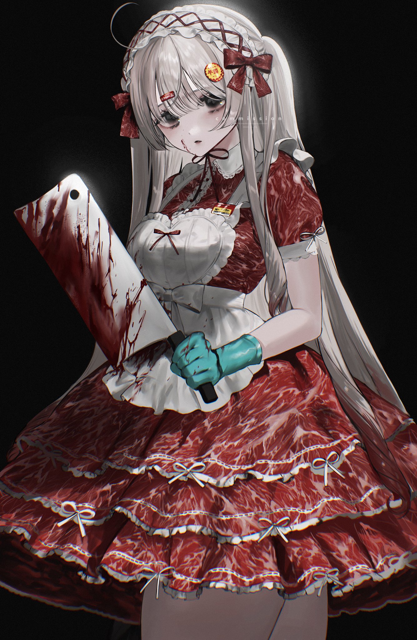 1girl ahoge apron aqua_gloves bangs black_background black_eyes blood blood_on_face blood_on_knife bow butcher_knife commentary commission cowboy_shot dress empty_eyes expressionless food gloves hair_bow hairband highres holding holding_knife knife layered_dress lolita_fashion lolita_hairband long_hair looking_at_viewer meat original print_dress puffy_short_sleeves puffy_sleeves red_bow red_dress ribbon rubber_gloves short_sleeves sidelocks skeb_commission solo sticker two_side_up very_long_hair white_apron white_ribbon youichi_(45_01)