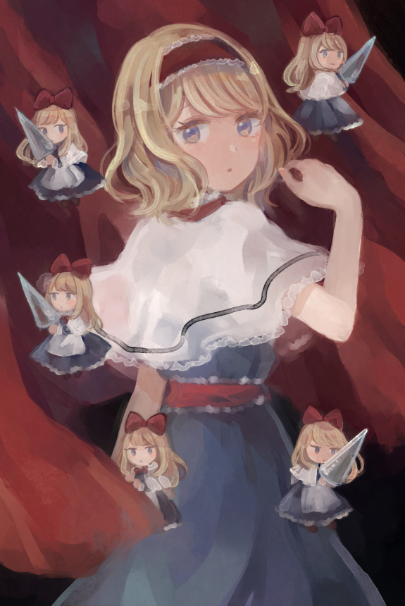 6+girls :o :| alice_margatroid apron arm_at_side bangs black_background blonde_hair blue_dress blue_eyes bow bowtie capelet closed_mouth curtain_grab curtains dark_background doll dot_mouth dress expressionless feet_out_of_frame floating floating_hair frills from_behind hair_bow hairband hand_up hands_up holding holding_polearm holding_weapon indoors jitome lace-trimmed_capelet lace-trimmed_hairband lace_trim light_smile lolita_hairband long_dress long_hair looking_at_viewer looking_away looking_back looking_to_the_side mozukuzu_(manukedori) multicolored_eyes multiple_girls no_lineart no_nose parted_lips petticoat polearm red_bow red_bowtie red_curtains red_hairband red_sash sash shanghai_doll short_hair standing swept_bangs touhou waist_apron wavy_hair weapon white_apron white_capelet wind
