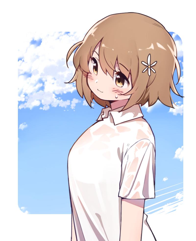 1girl :3 bangs blush border breasts brown_eyes brown_hair closed_mouth clouds day eyebrows_visible_through_hair flower hair_between_eyes hair_flower hair_ornament idolmaster idolmaster_cinderella_girls korean_commentary medium_breasts mg_pong mimura_kanako outdoors see-through shirt short_hair short_sleeves simple_background sky solo sweat upper_body wet wet_clothes wet_shirt white_border white_flower white_shirt