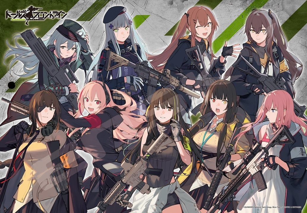 404_(girls'_frontline) 6+girls anti-rain_(girls'_frontline) ar-15 assault_rifle beret black_hair blue_hair breasts brown_hair duoyuanjun eyepatch fingerless_gloves g11_(girls'_frontline) girls_frontline gloves gun h&amp;k_g11 h&amp;k_hk416 h&amp;k_ump h&amp;k_ump9 hat headphones heterochromia hk416_(girls'_frontline) holding holding_gun holding_weapon large_breasts long_hair m16a1 m16a1_(girls'_frontline) m4_carbine m4_sopmod_ii m4_sopmod_ii_(girls'_frontline) m4a1_(girls'_frontline) magazine_(weapon) mask mouth_mask multicolored_hair multiple_girls official_art pink_hair redhead rifle ro635 ro635_(girls'_frontline) scar scar_across_eye side_ponytail silver_hair small_breasts st_ar-15_(girls'_frontline) streaked_hair submachine_gun surgical_mask tactical_clothes twintails ump45_(girls'_frontline) ump9_(girls'_frontline) weapon