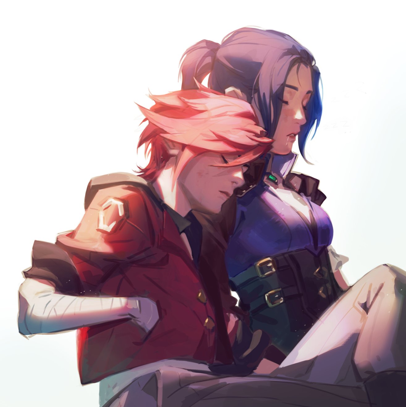 2girls arcane:_league_of_legends blue_hair caitlyn_(league_of_legends) closed_eyes closed_mouth crossed_legs drooling english_commentary eyebrows_behind_hair eyebrows_visible_through_hair hand_in_pocket head_rest highres julia_shii league_of_legends multiple_girls parted_lips pink_hair ponytail short_hair shoulder_rest sleeping sleeping_upright vi_(league_of_legends)