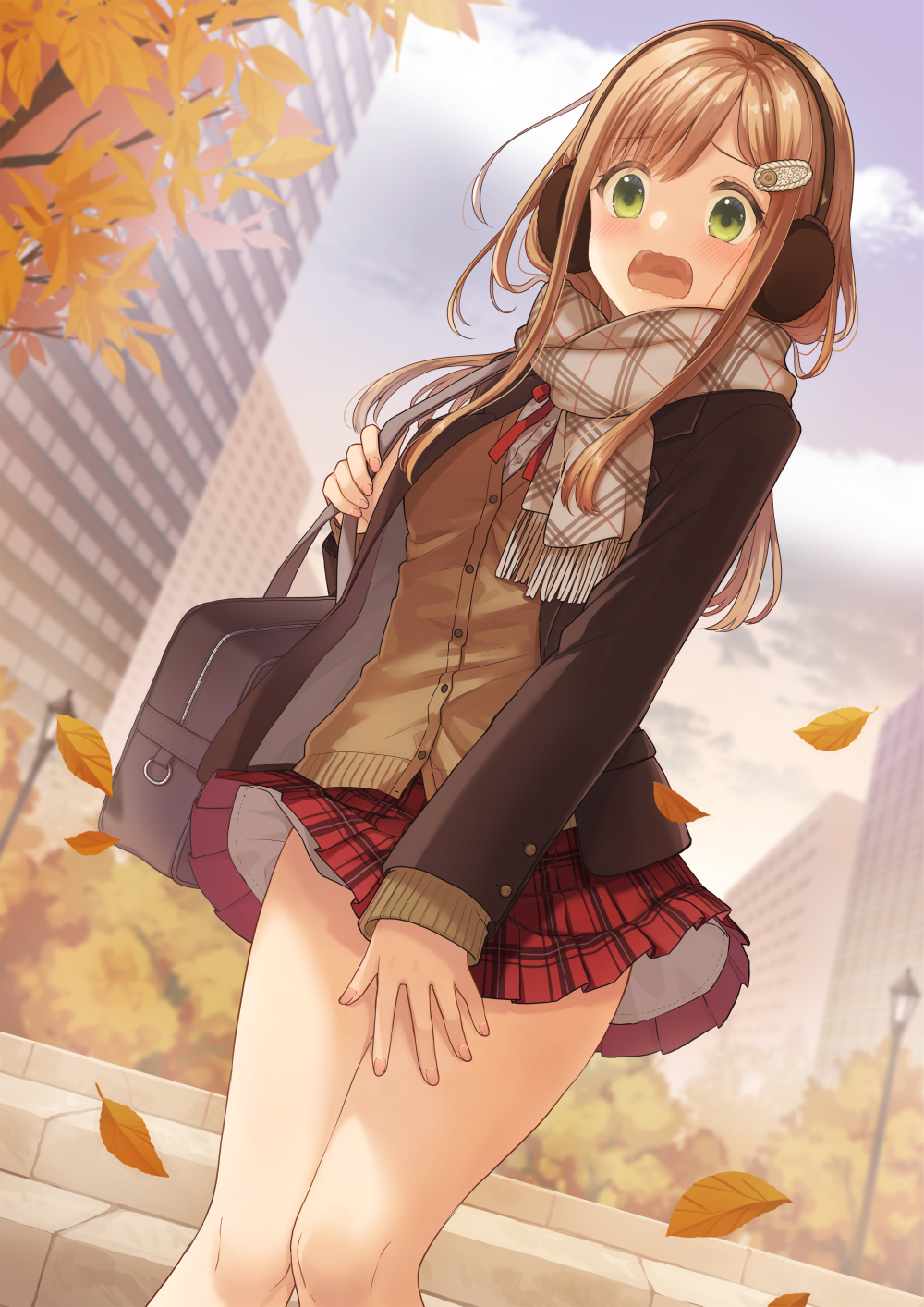 1girl asymmetrical_bangs autumn autumn_leaves bag bangs black_jacket blazer blush brown_hair cardigan clouds cropped_legs day dutch_angle earmuffs embarrassed enpera eyebrows_visible_through_hair fringe_trim green_eyes hair_ornament highres jacket koto_(colorcube) lamppost long_hair neck_ribbon open_clothes open_jacket open_mouth original outdoors plaid plaid_scarf plaid_skirt pleated_skirt red_ribbon red_skirt ribbon scarf school_bag school_uniform shirt skirt solo standing sweater thighs wavy_mouth white_shirt wind wind_lift