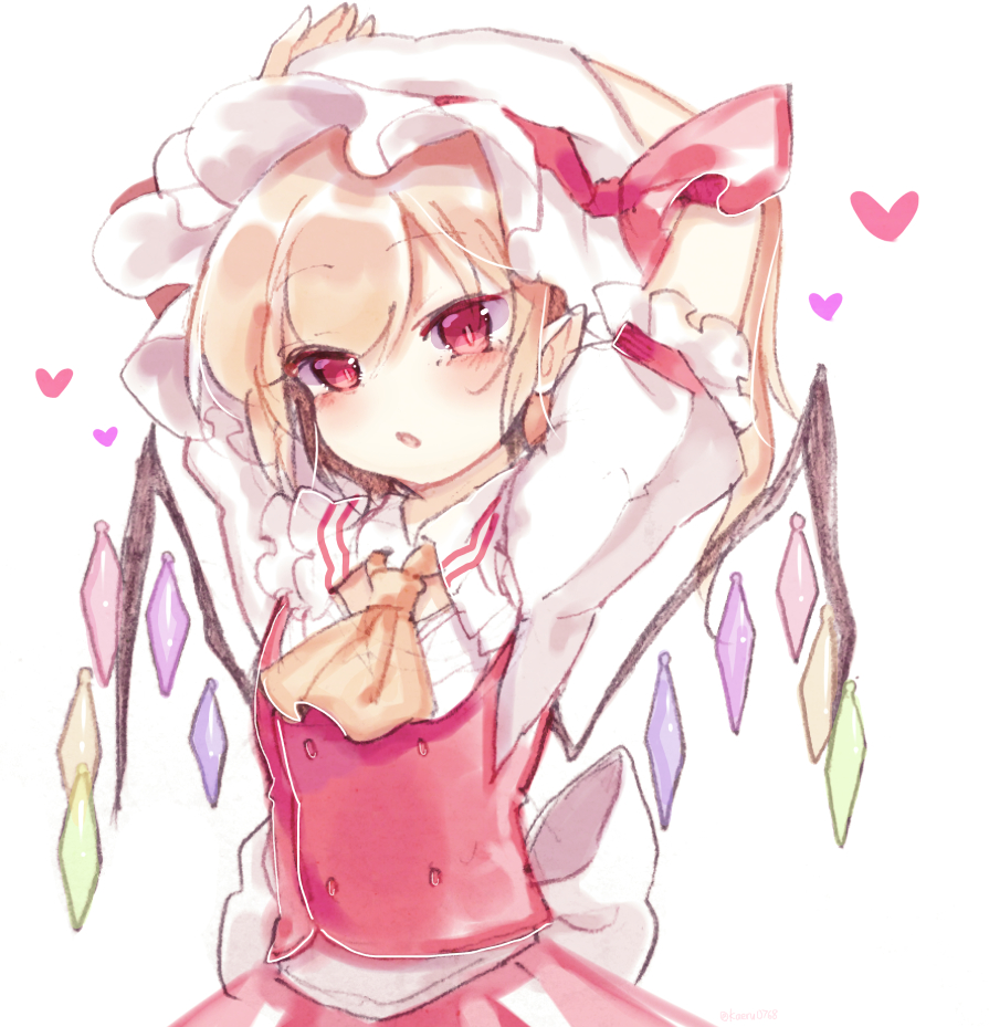 1girl ascot back_bow bangs blonde_hair blush bow buttons crystal eyebrows_visible_through_hair flandre_scarlet frilled_shirt frilled_shirt_collar frilled_sleeves frills hat hat_ribbon looking_at_viewer mob_cap one_side_up open_mouth pointy_ears puffy_short_sleeves puffy_sleeves red_bow red_eyes red_ribbon red_skirt red_vest ribbon ribbon_trim shirt short_hair short_sleeves skirt solo sorani_(kaeru0768) touhou vest white_background white_bow white_shirt wings yellow_ascot