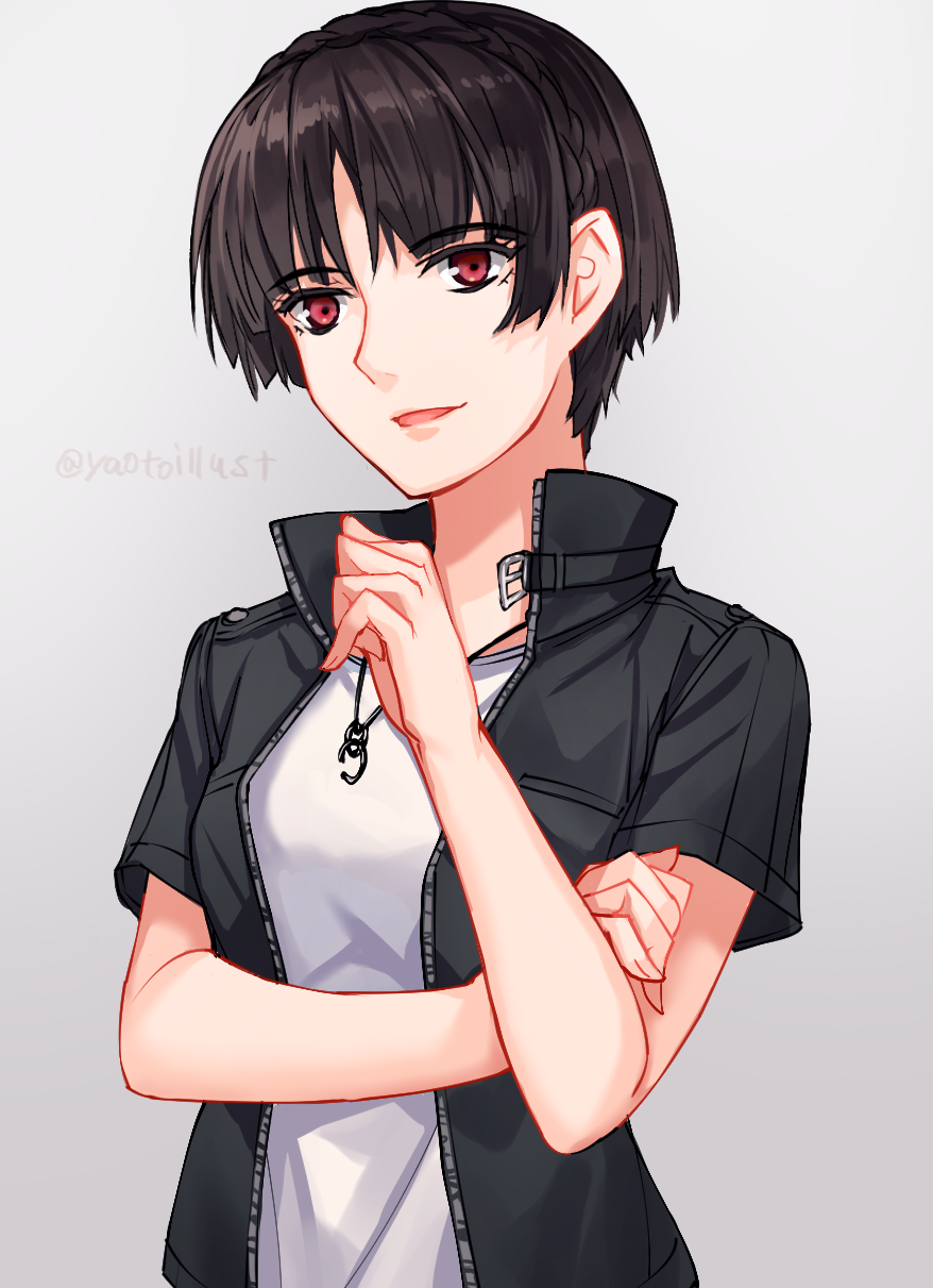 1girl alternate_hairstyle androgynous bangs bare_arms braid brown_hair collared_shirt crown_braid eyebrows_visible_through_hair fingernails hand_on_own_arm hand_up high_collar highres jewelry looking_at_viewer niijima_makoto open_clothes open_shirt parted_bangs parted_lips pendant persona persona_5 red_eyes shirt short_hair short_sleeves smile solo tomboy twitter_username undershirt unzipped upper_body yaoto zipper