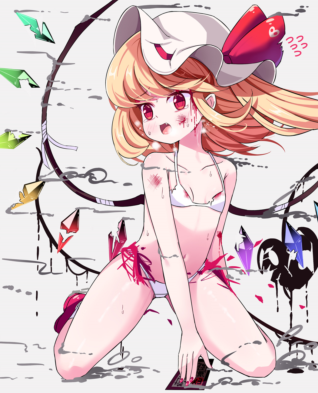 1girl :o bangs blonde_hair blood blood_drip blood_on_face blush bow bra breasts broken collarbone crystal english_commentary eyebrows_visible_through_hair eyelashes fang flandre_scarlet flying_sweatdrops grey_background hat hat_bow hat_ribbon highres injury kneeling laevatein_(touhou) looking_to_the_side mary_janes mob_cap nail_polish navel open_mouth panties red_bow red_footwear red_nails red_ribbon ribbon shoes sidelocks simple_background small_breasts smoke solo spell_card sseopik sweatdrop thighs torn_clothes touhou underwear white_bra white_headwear white_panties wings