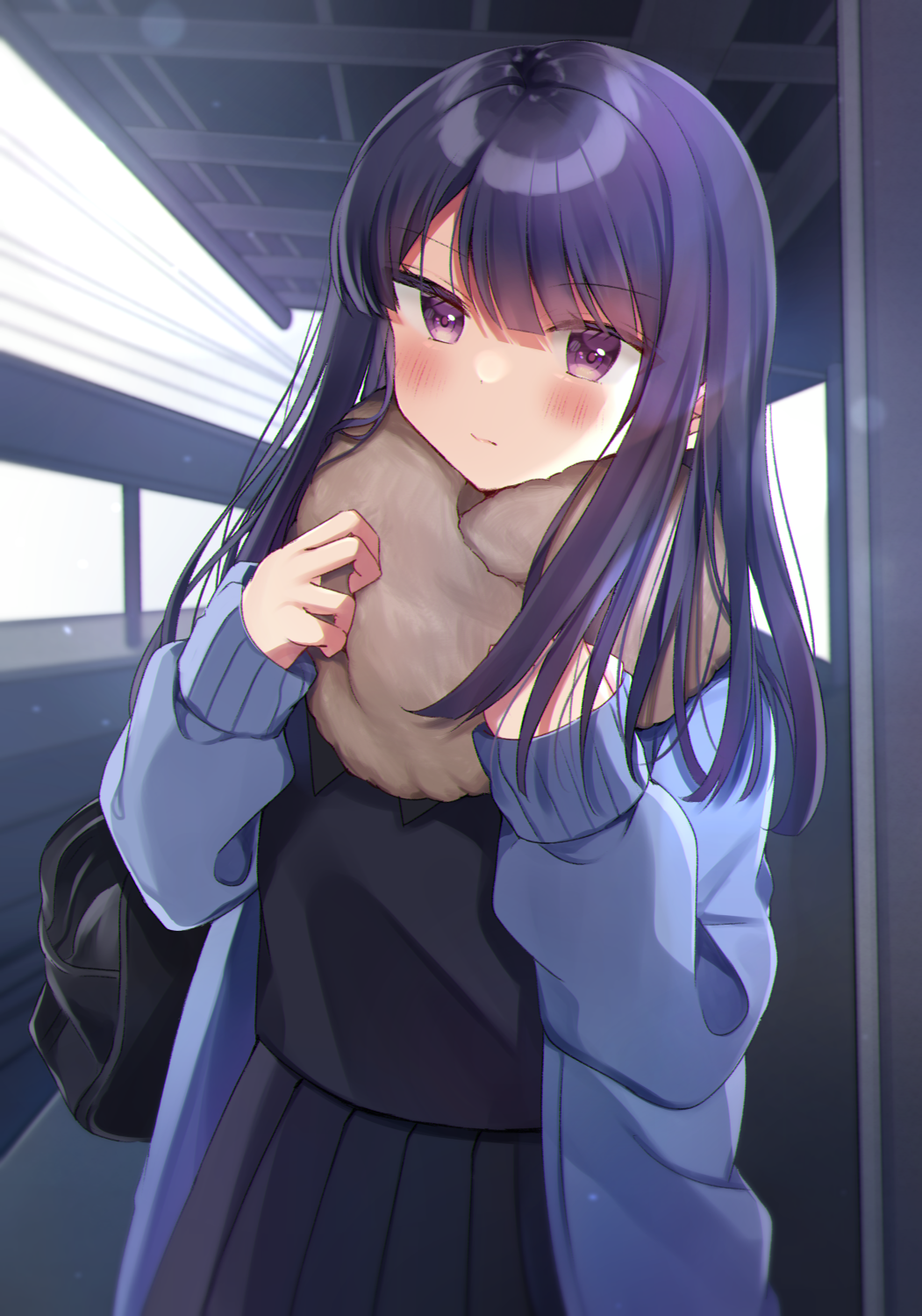 1girl bag bangs black_shirt black_skirt blue_jacket blush brown_scarf closed_mouth commentary_request eyebrows_visible_through_hair fur_scarf highres jacket long_hair looking_at_viewer minami_saki open_clothes open_jacket original pleated_skirt purple_hair scarf school_bag school_uniform shirt skirt solo violet_eyes