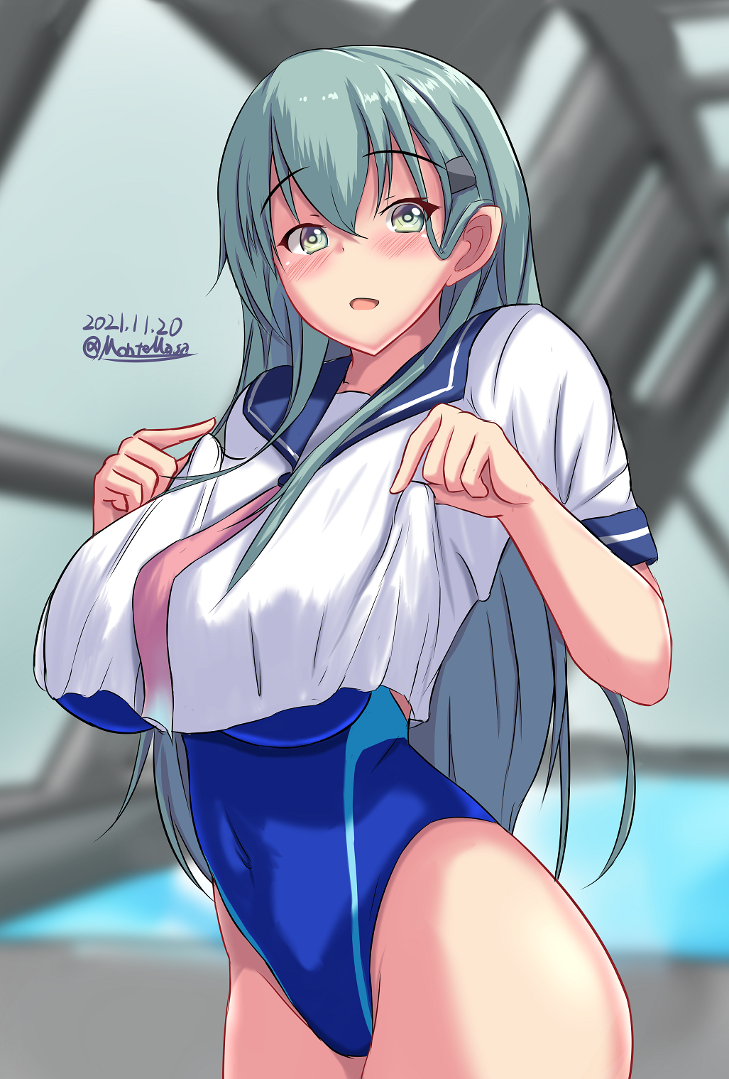 1girl blue_sailor_collar blue_swimsuit blurry blurry_background blush breasts competition_swimsuit cowboy_shot cropped_shirt dated eyebrows_visible_through_hair green_eyes green_hair hair_ornament hairclip highres huge_breasts kantai_collection long_hair looking_at_viewer montemasa neckerchief one-piece_swimsuit open_mouth pool red_neckerchief sailor_collar school_uniform serafuku shirt solo suzuya_(kancolle) swimsuit twitter_username white_shirt