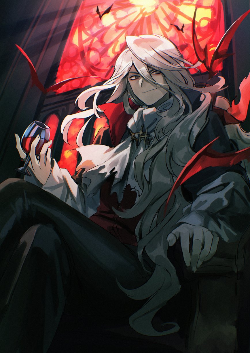 1boy alchemy_stars alcohol armchair ascot bat black_coat black_pants chair charon_(alchemy_stars) closed_mouth coat commentary crossed_legs cup drinking_glass feet_out_of_frame grey_hair hair_between_eyes highres holding holding_cup light_rays long_hair looking_at_viewer male_focus pants red_shirt rosa_(hoshino) shirt smile solo sunbeam sunlight very_long_hair window wine wine_glass