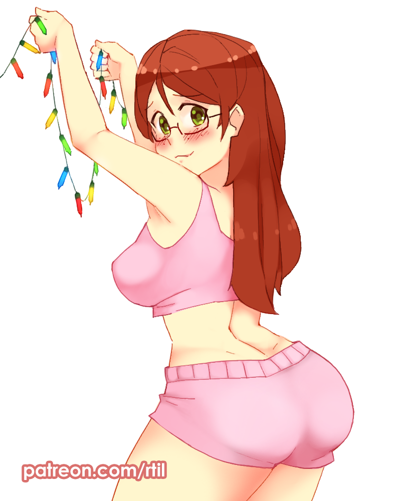 1girl :3 alternate_costume arms_up ass blush breasts brown_hair christmas_lights commentary crop_top english_commentary freckles glasses green_eyes katawa_shoujo large_breasts long_hair midriff patreon_username pink_shorts pink_tank_top rectangular_eyewear rtil semi-rimless_eyewear shirakawa_yuuko shorts simple_background smile solo tank_top under-rim_eyewear white_background