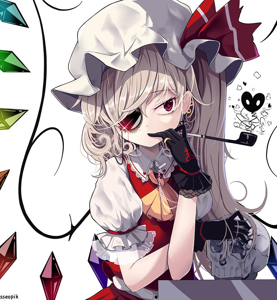 1girl artist_name ascot bangs belt black_gloves blonde_hair buttons cigarette collar commentary_request crystal dress ear_piercing earrings expressionless eyebrows_visible_through_hair eyelashes eyepatch flandre_scarlet frilled_gloves frilled_shirt_collar frills gloves hand_up hat hat_ribbon holding holding_skull jewelry kiseru laevatein_(touhou) long_hair looking_to_the_side mob_cap monocle multicolored_wings one_side_up piercing pipe puffy_short_sleeves puffy_sleeves red_dress red_eyes red_ribbon red_skirt red_vest ribbon ring shirt short_hair_with_long_locks short_sleeves sidelocks simple_background skirt skull smoke smoking solo sseopik standing touhou vest white_background white_belt white_collar white_headwear white_shirt white_sleeves wings yellow_eyes yellow_neckwear