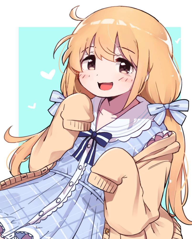 1girl bangs blonde_hair blue_bow blue_dress blush bow brown_cardigan cardigan dress eyebrows_visible_through_hair futaba_anzu hair_between_eyes hair_bow heart idolmaster idolmaster_cinderella_girls korean_commentary long_hair long_sleeves looking_at_viewer low_twintails mg_pong off_shoulder open_mouth simple_background sleeves_past_fingers sleeves_past_wrists solo twintails two-tone_background upper_body very_long_hair