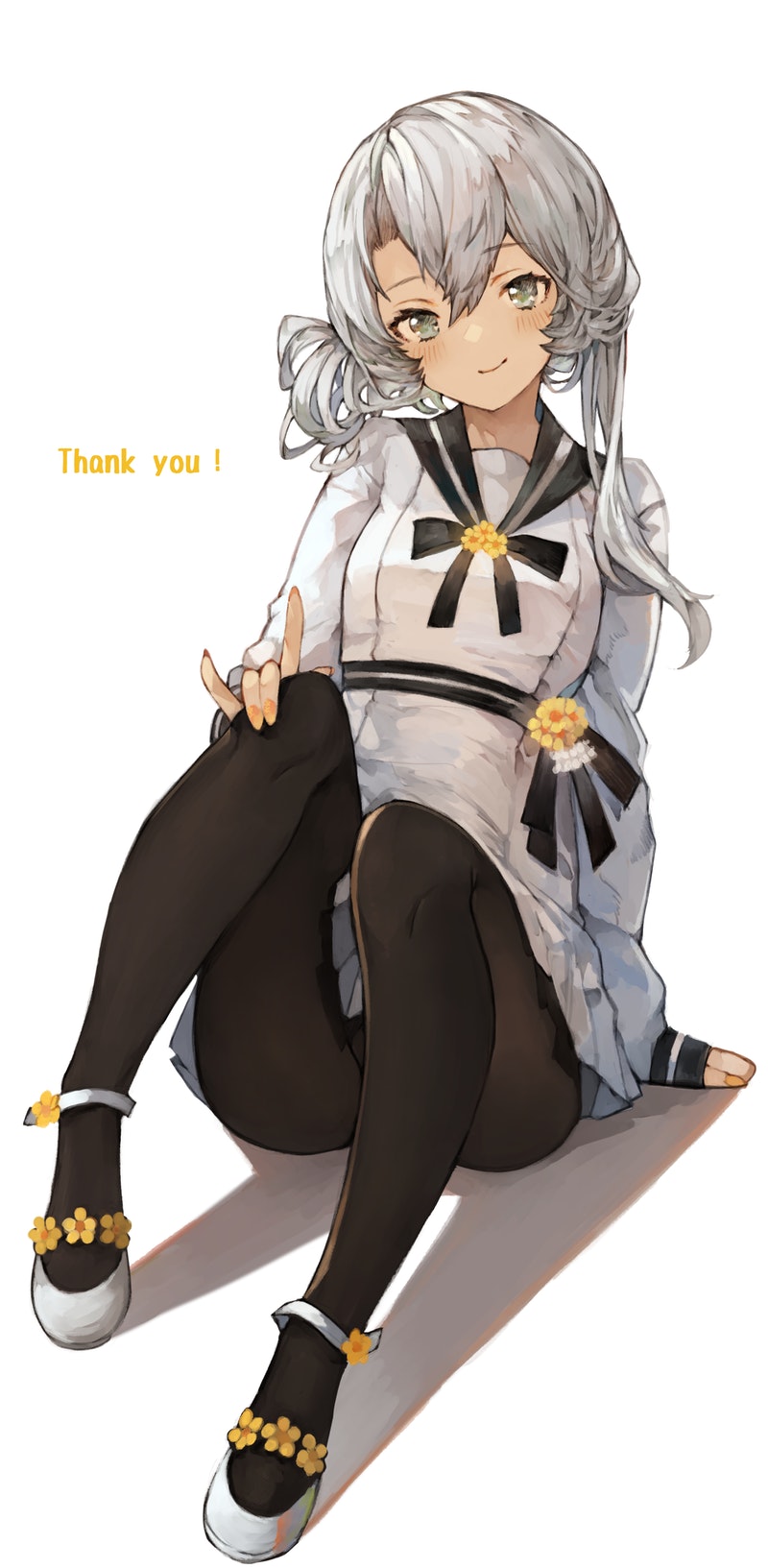 1girl asymmetrical_hair bangs black_legwear blush commentary_request commission dress eyebrows_visible_through_hair flower full_body grey_eyes hair_between_eyes highres kantai_collection kemomin_nosuke long_sleeves looking_at_viewer nail_polish nowaki_(kancolle) pantyhose shadow silver_hair simple_background sitting skeb_commission smile solo thank_you white_background white_footwear yellow_flower yellow_nails