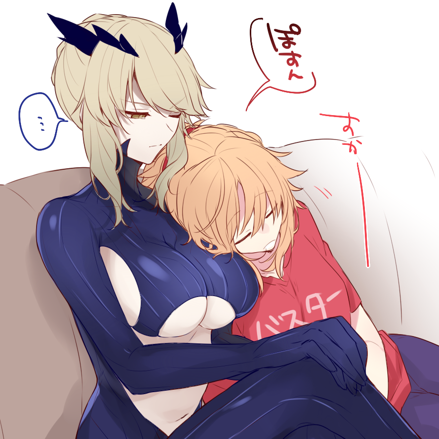 2girls artoria_pendragon_(fate) artoria_pendragon_(lancer_alter)_(fate) blonde_hair braid breasts citron_82 crossed_legs fate/grand_order fate_(series) french_braid hands_on_own_knees head_on_another's_shoulder horns large_breasts mordred_(fate) mordred_(fate/apocrypha) multiple_girls navel red_scrunchie red_shirt scrunchie shirt short_hair sideboob sleeping translation_request under_boob white_background