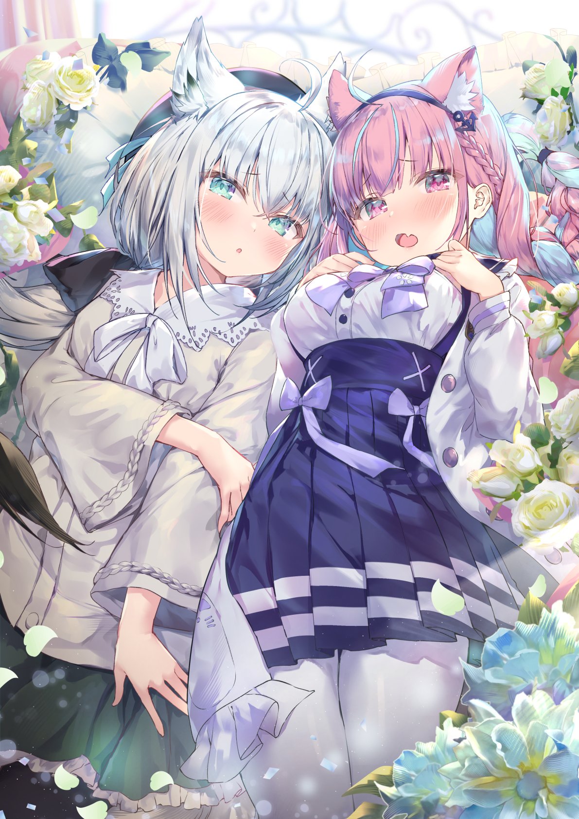 2girls anchor_hair_ornament animal_ear_fluff animal_ears bangs blue_eyes blue_hair blue_hairband blue_skirt bow bowtie braid cat_ears extra_ears eyebrows_visible_through_hair fang flower fox_ears green_skirt hair_between_eyes hair_ornament hairband high-waist_skirt highres hololive jacket long_hair looking_at_viewer minato_aqua multicolored_hair multiple_girls open_mouth pantyhose parted_lips pink_hair pleated_skirt rose shirakami_fubuki shirt silver_hair skin_fang skirt topia twin_braids two-tone_hair violet_eyes virtual_youtuber white_bow white_bowtie white_flower white_jacket white_rose white_shirt